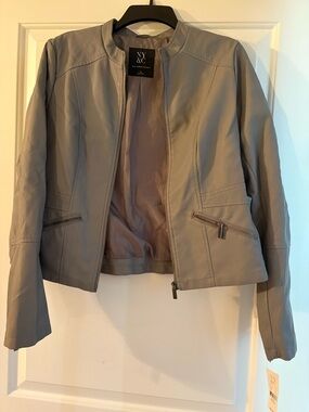 New York & Company Light Gray Faux Leather Zip-Front Jacket